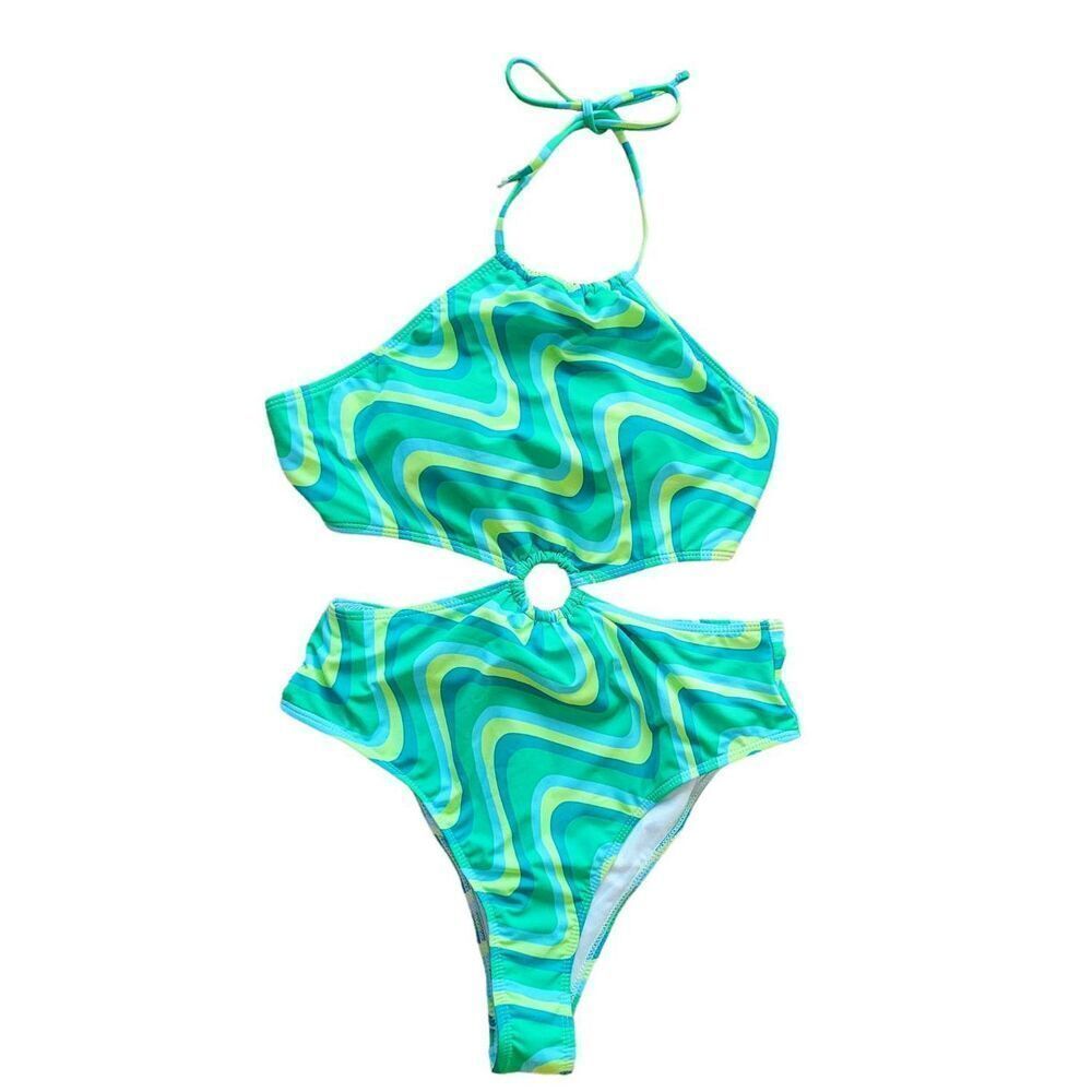Green Yellow Blue Swirl Cut Out Waist One Piece Bathing Swim Suit - Picture 2 of 6